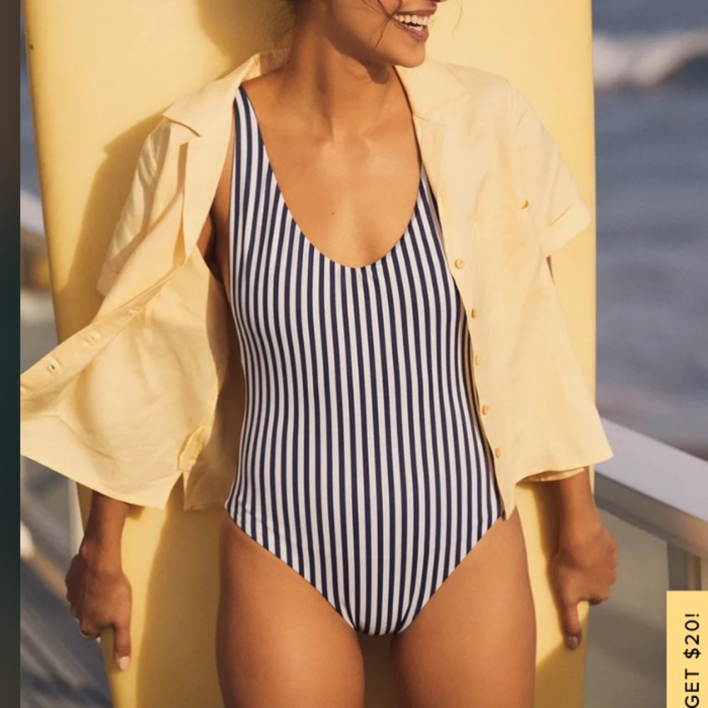 SOLID & STRIPED blue and white seersucker one piece bathing suit